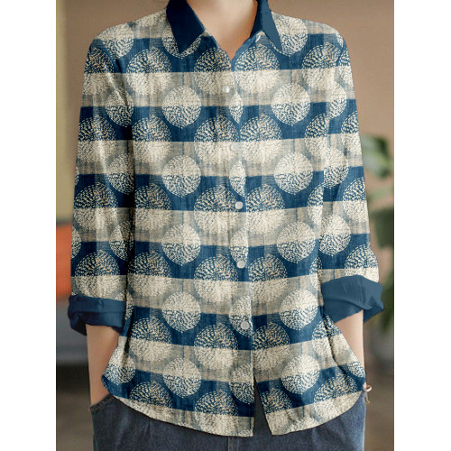 Japanese Sashiko Dots with Stripes Art Linen Blend Blouse