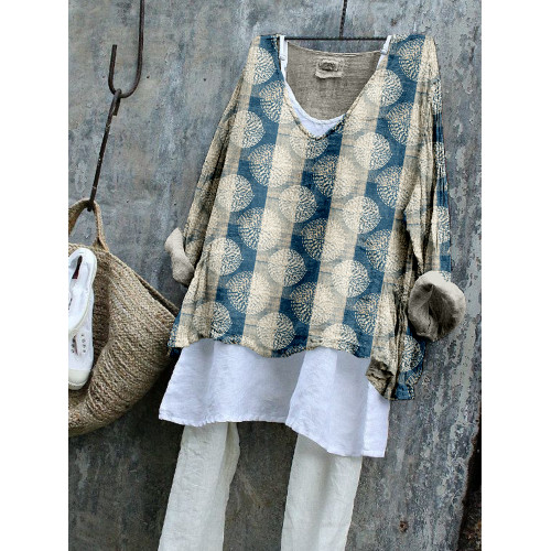 Japanese Sashiko Dots with Stripes Art Linen Blend Tunic