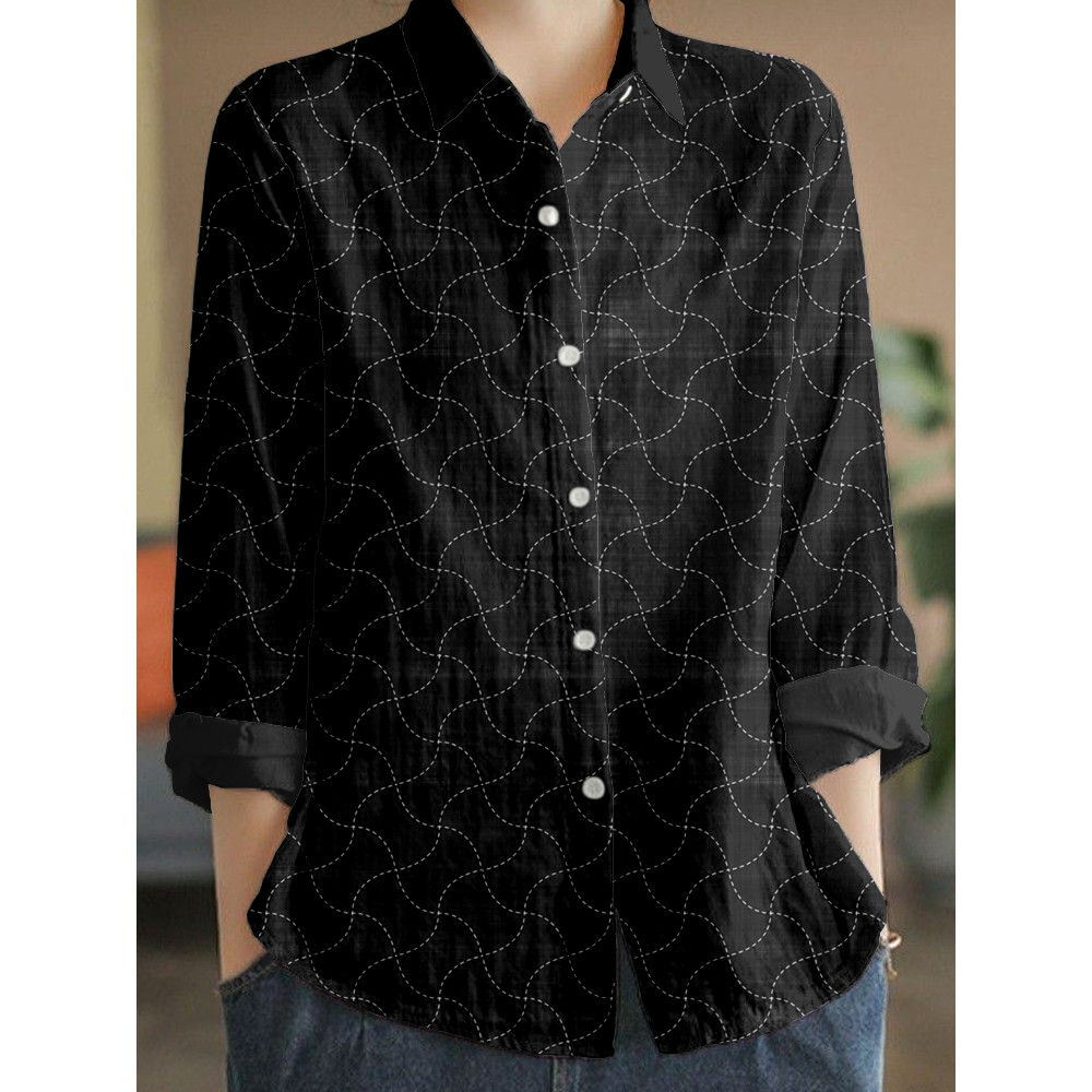 Japanese Sashiko Geometric Art Linen Blend Blouse