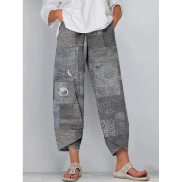 Japanese Sashiko Patchwork Patterns Cropped Casual Pants