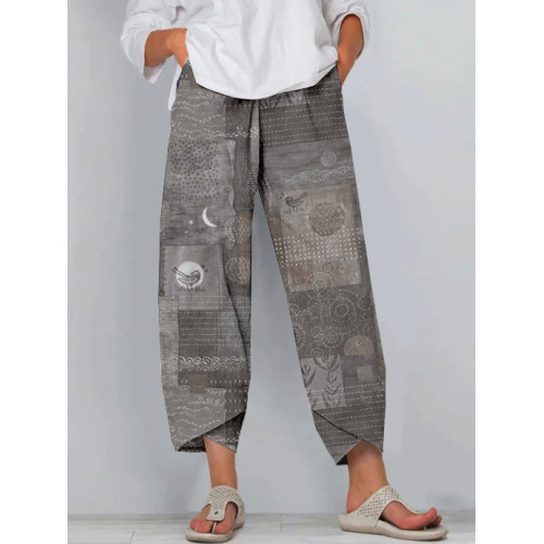 Japanese Sashiko Patchwork Patterns Cropped Casual Pants