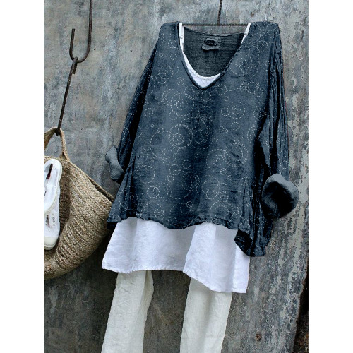 Japanese Sashiko Water Wave Art Linen Blend Tunic