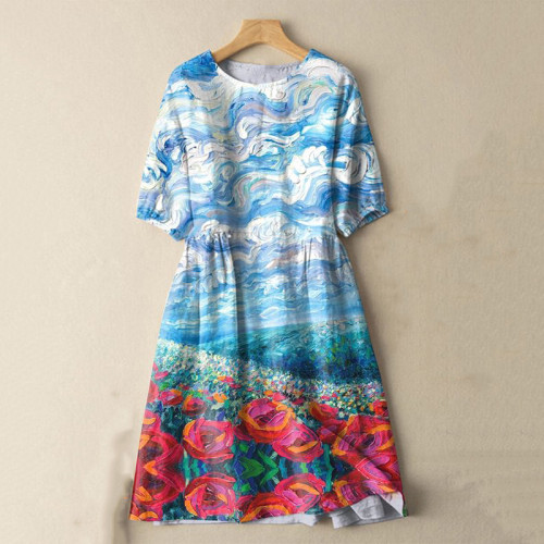 Japanese Spring Blue Sky Flower Oil Painting Print Cotton Linen Blend Midi Dress