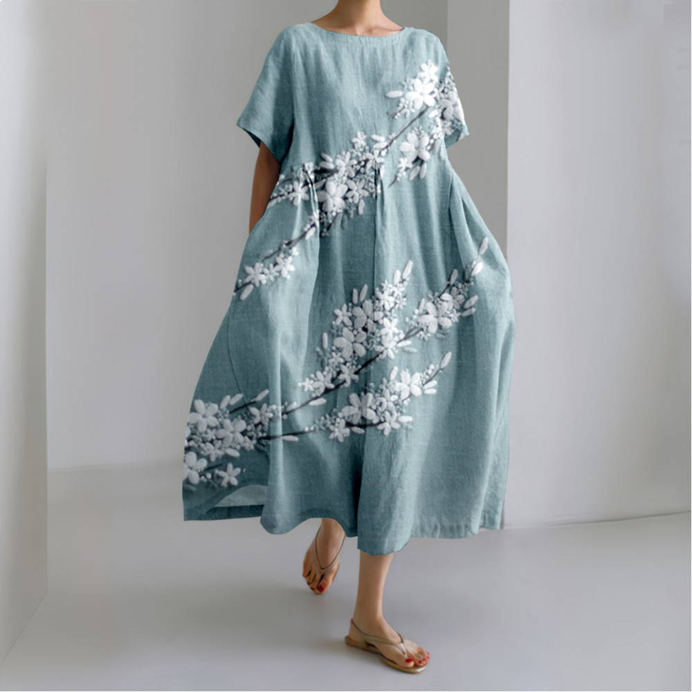 Japanese-Style Elegant Blossom Embroidery Art Linen Blend Maxi Dress