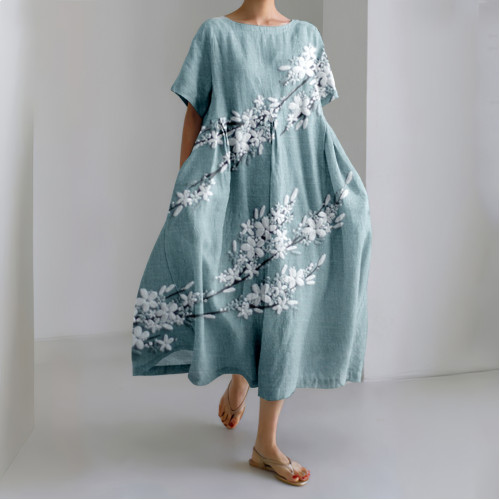 Japanese-Style Elegant Blossom Embroidery Art Linen Blend Maxi Dress