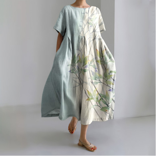 Japanese Style Floral Print Short Sleeve Loose Midi Dress