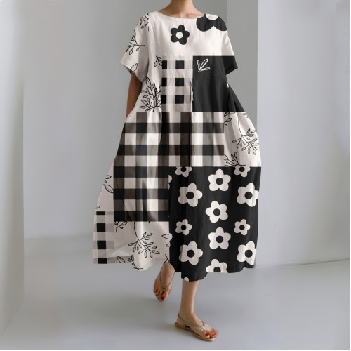 Japanese-Style Splicing Flowers Art Linen Blend Maxi Dress