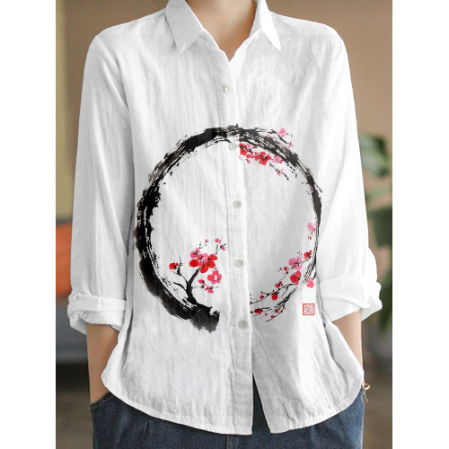 Japanese Sumi-e Cherry Blossom Art Linen Blend Blouse