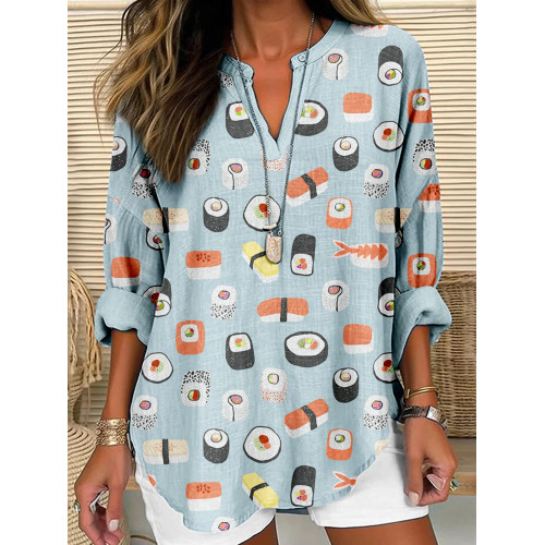Japanese Sushi Nigiri Maki Roll Pattern Linen Blend Tunic