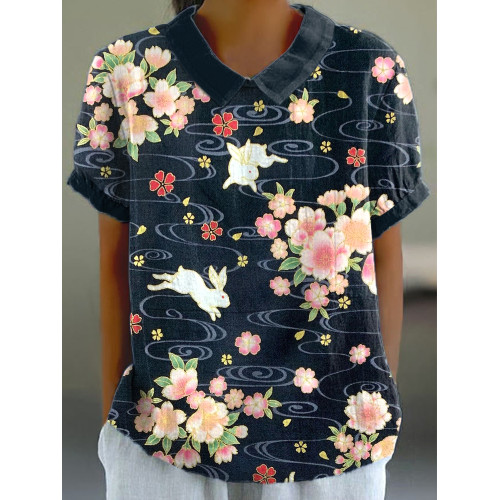 Japanese Traditional Floral Print Linen Blend Shirt