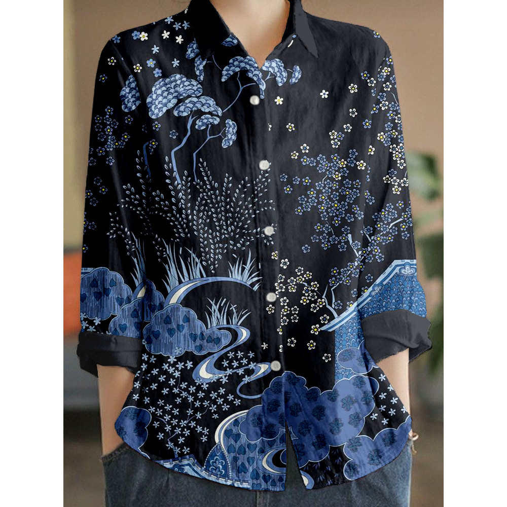 Japanese Traditional Pattern Linen Blend Comfy Blouse