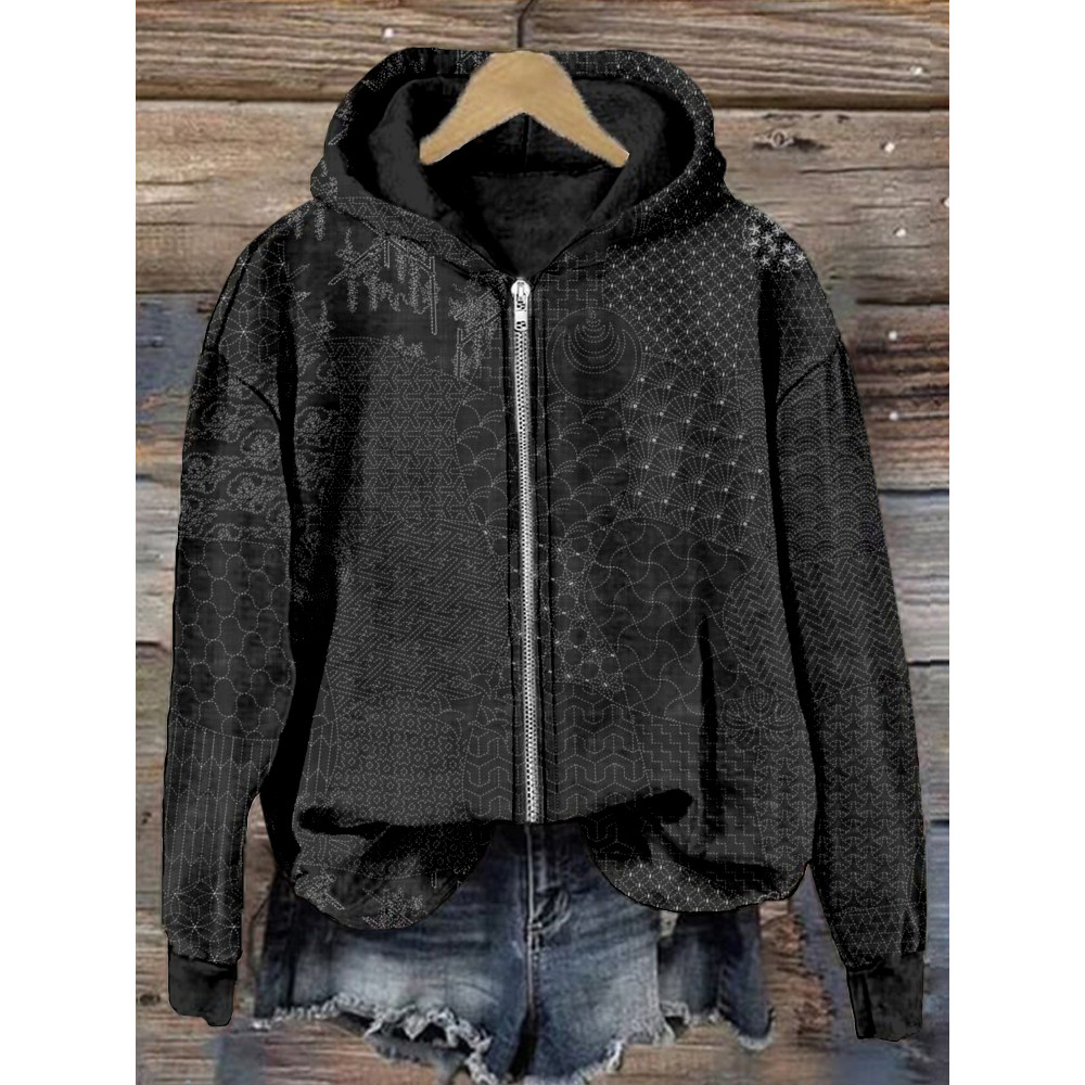 Japanese Traditional Sashiko Art Comfy Zip Up Hoodie