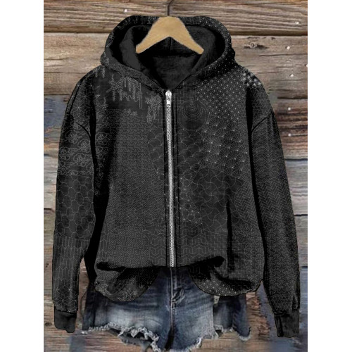 Japanese Traditional Sashiko Art Comfy Zip Up Hoodie