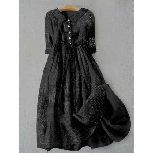 Japanese Traditional Sashiko Art Lace-up Casual Maxi Dress