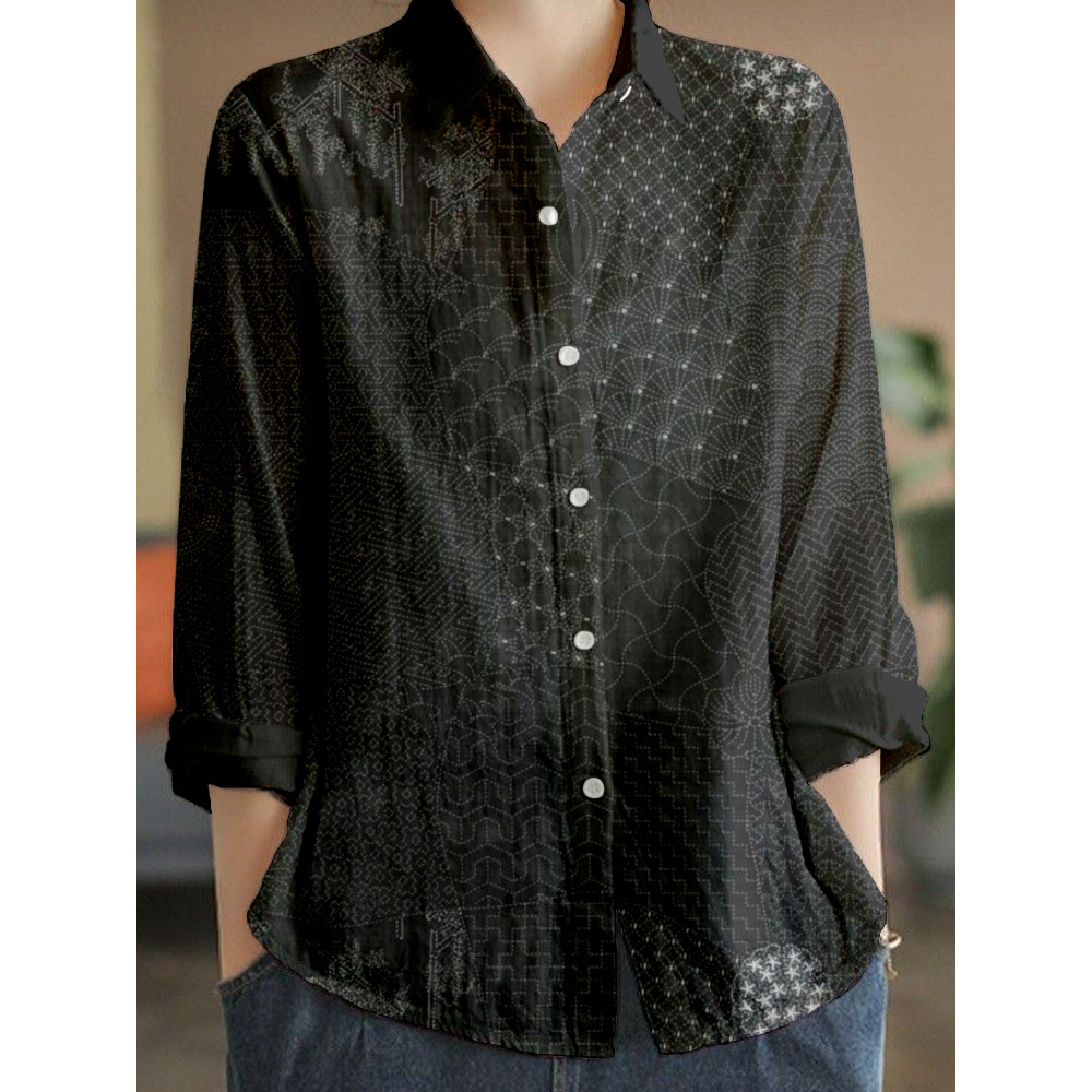 Japanese Traditional Sashiko Art Linen Blend Blouse