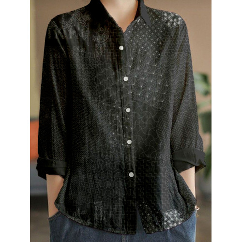 Japanese Traditional Sashiko Art Linen Blend Blouse