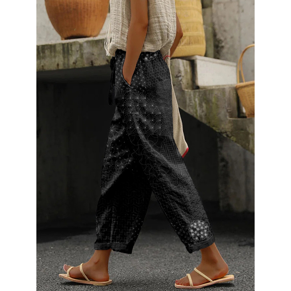 Japanese Traditional Sashiko Art Linen Blend Casual Pants