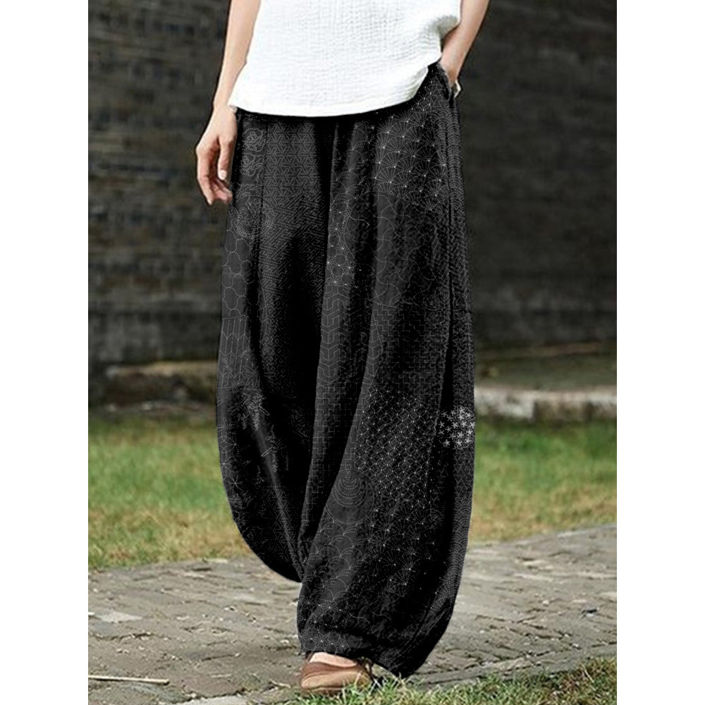 Japanese Traditional Sashiko Art Linen Blend Casual Pants