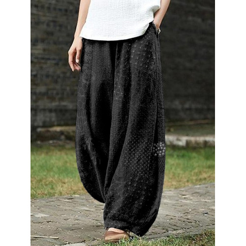 Japanese Traditional Sashiko Art Linen Blend Casual Pants