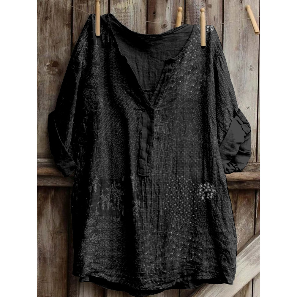 Japanese Traditional Sashiko Art Linen Blend Cozy Tunic