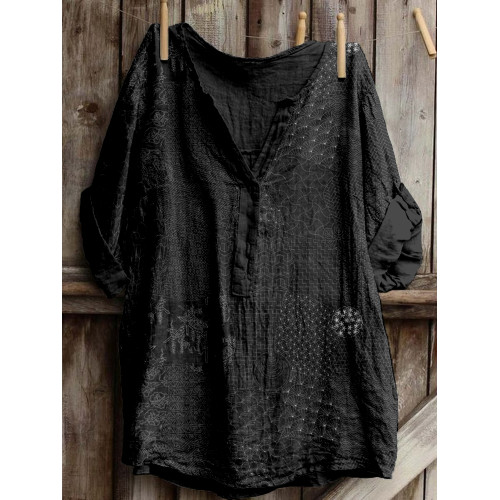 Japanese Traditional Sashiko Art Linen Blend Cozy Tunic