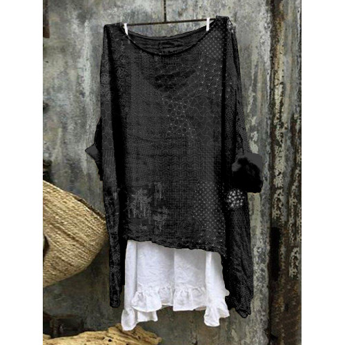 Japanese Traditional Sashiko Art Linen Blend Flowy Tunic