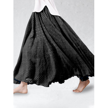 Japanese Traditional Sashiko Art Linen Blend Flowy Wide Skirt