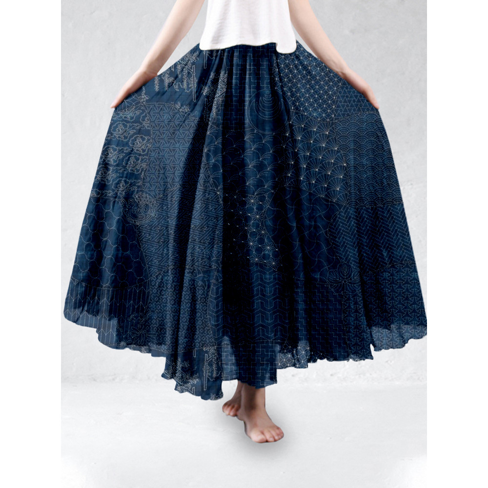 Japanese Traditional Sashiko Art Linen Blend Flowy Wide Skirt