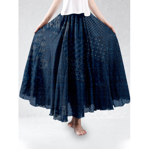 Japanese Traditional Sashiko Art Linen Blend Flowy Wide Skirt