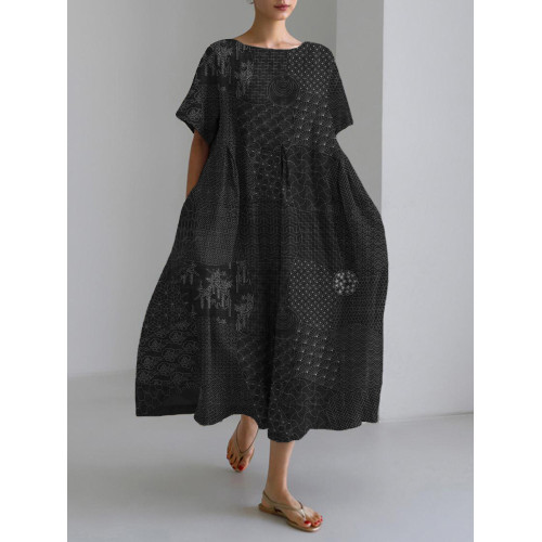 Japanese Traditional Sashiko Art Linen Blend Maxi Dress