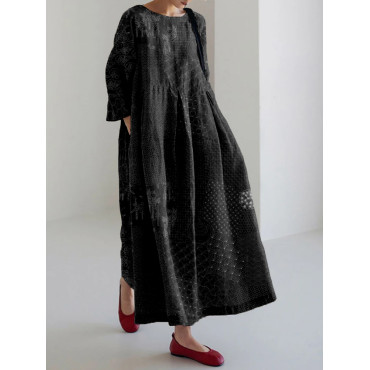 Japanese Traditional Sashiko Art Linen Blend Maxi Dress