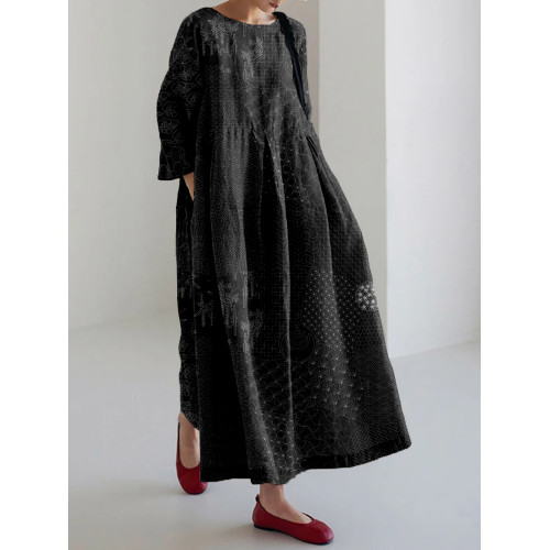 Japanese Traditional Sashiko Art Linen Blend Maxi Dress