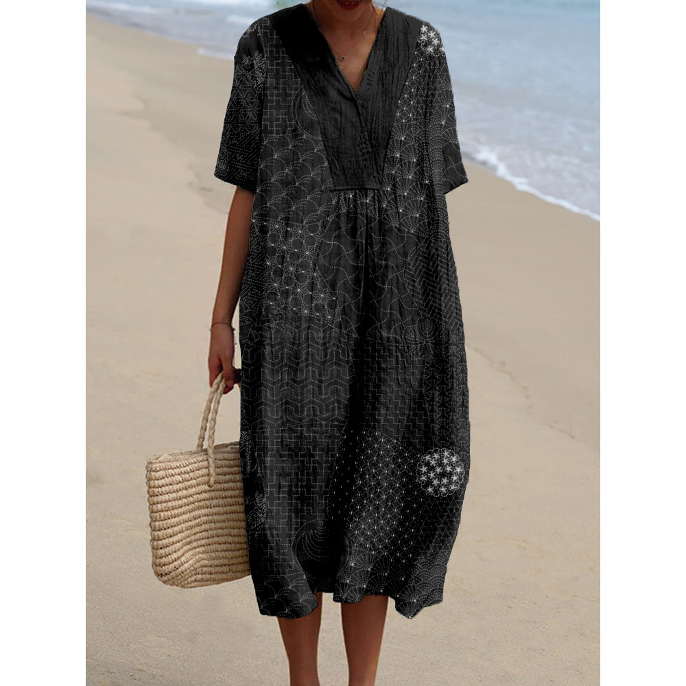 Japanese Traditional Sashiko Art Linen Blend Midi Dress