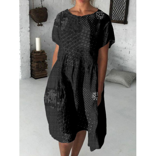 Japanese Traditional Sashiko Art Linen Blend Midi Dress