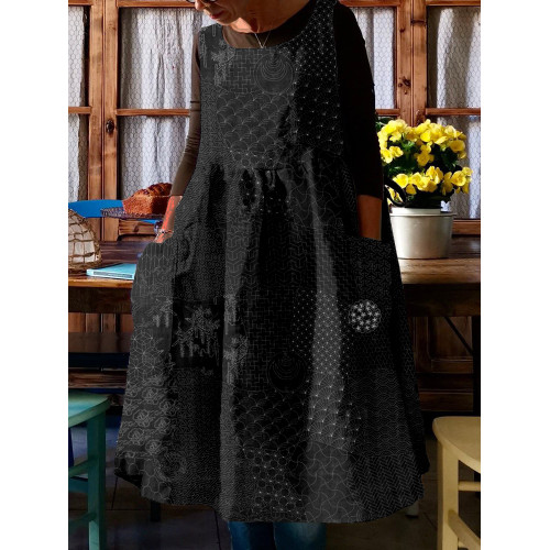 Japanese Traditional Sashiko Art Linen Blend Pinafore Midi Dress