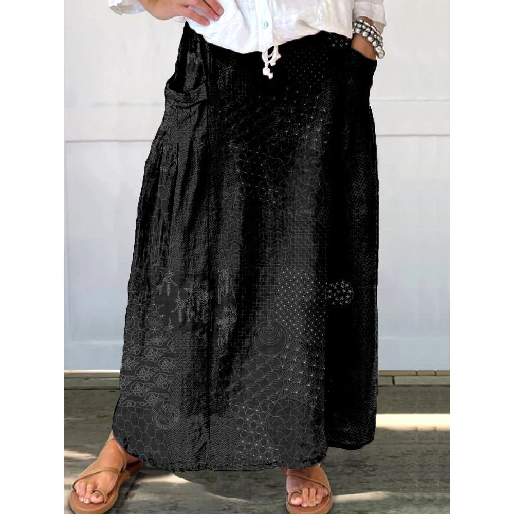 Japanese Traditional Sashiko Art Linen Blend Pocket Half Skirt