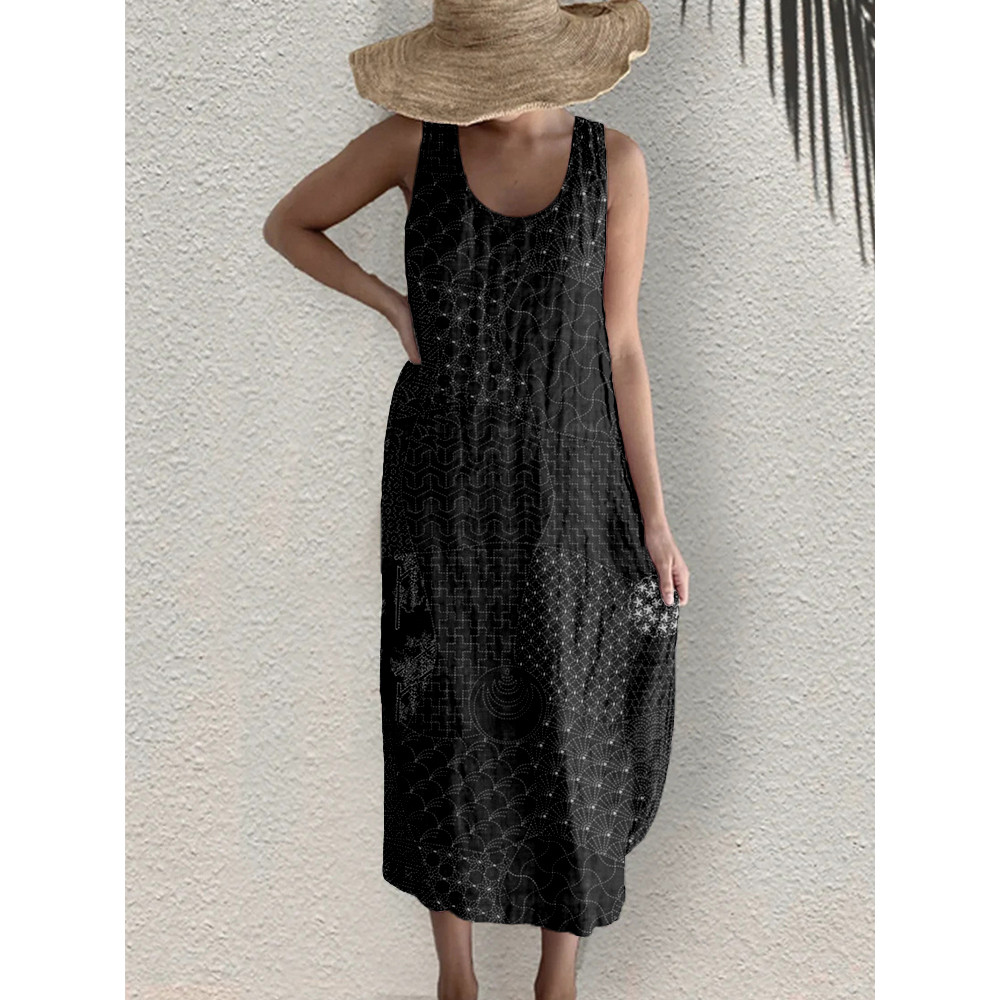 Japanese Traditional Sashiko Art Linen Blend Tank Dress