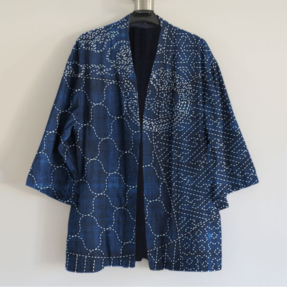 Japanese Traditional Sashiko Art Print Linen Blend Kimono Cardigan