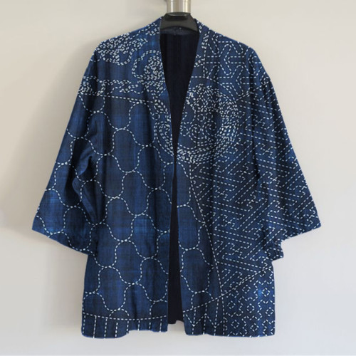 Japanese Traditional Sashiko Art Print Linen Blend Kimono Cardigan