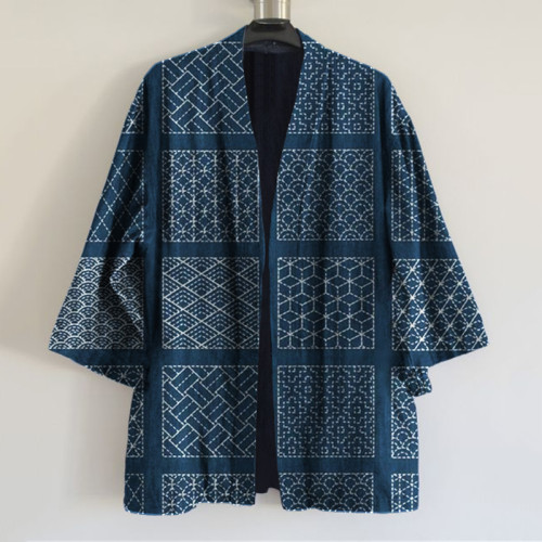 Japanese Traditional Sashiko Art Print Linen Blend Kimono Cardigan
