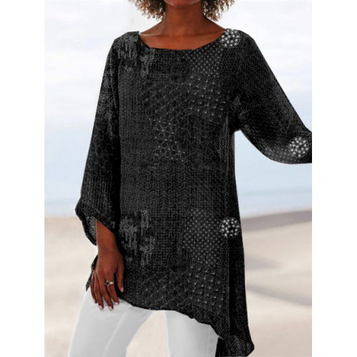 Japanese Traditional Sashiko Art Round Neck Flowy Tunic