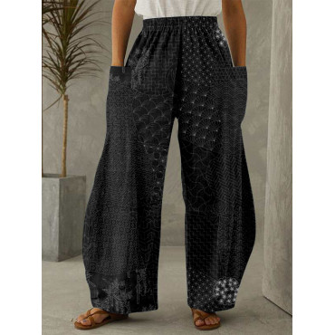 Japanese Traditional Sashiko Art Wide Leg Casual Pants