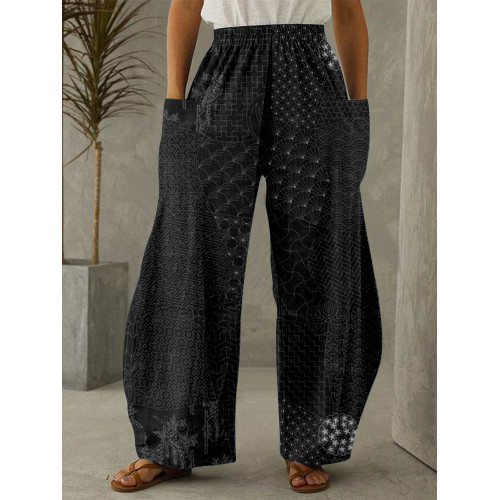 Japanese Traditional Sashiko Art Wide Leg Casual Pants