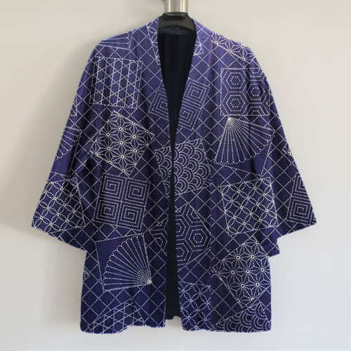 Japanese Traditional Sashiko Floral And Fan-Shaped Patchwork Art Print Linen Blend Kimono Cardigan