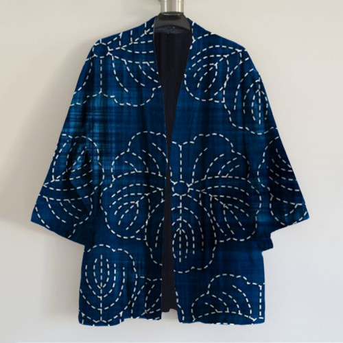 Japanese Traditional Sashiko Floral Blooming Art Print Linen Blend Kimono Cardigan