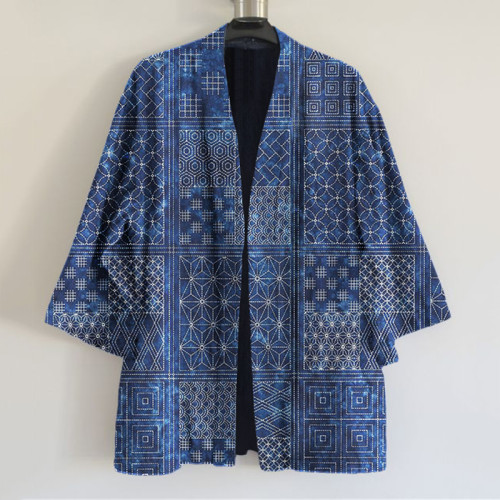 Japanese Traditional Sashiko Floral Patchwork Art Print Linen Blend Kimono Cardigan