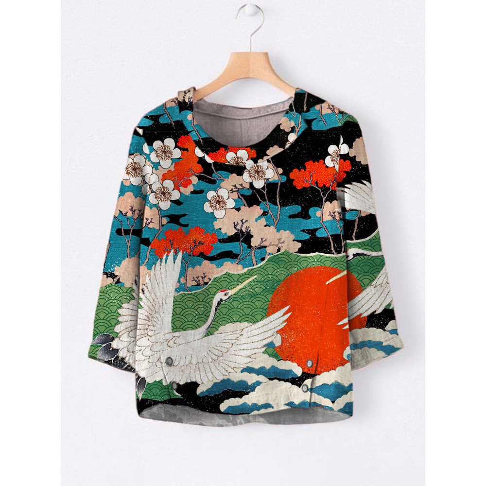 Japanese Ukiyo-e Art Linen Lapel Shirt