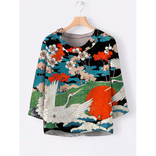 Japanese Ukiyo-e Art Linen Lapel Shirt