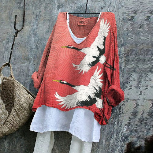 Japanese Ukiyoe Flying Crane Art Cotton Linen V Neck Casual Shirt