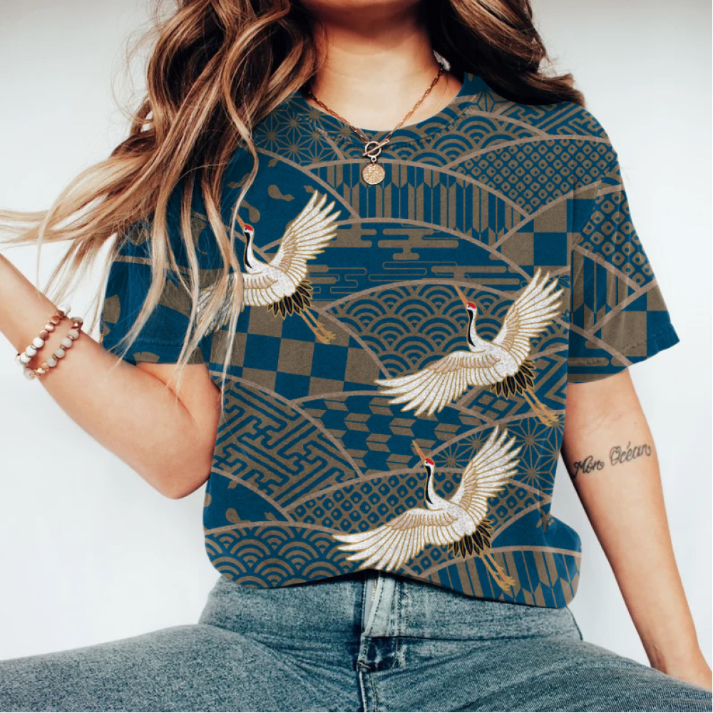 Japanese Ukiyoe Flying Crane Print T-Shirt